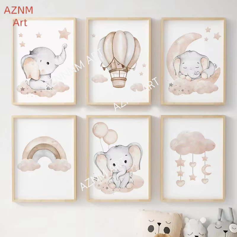 Baby Nursery Wall Decor - Elephant Balloon Rainbow Moon Stars Cloud