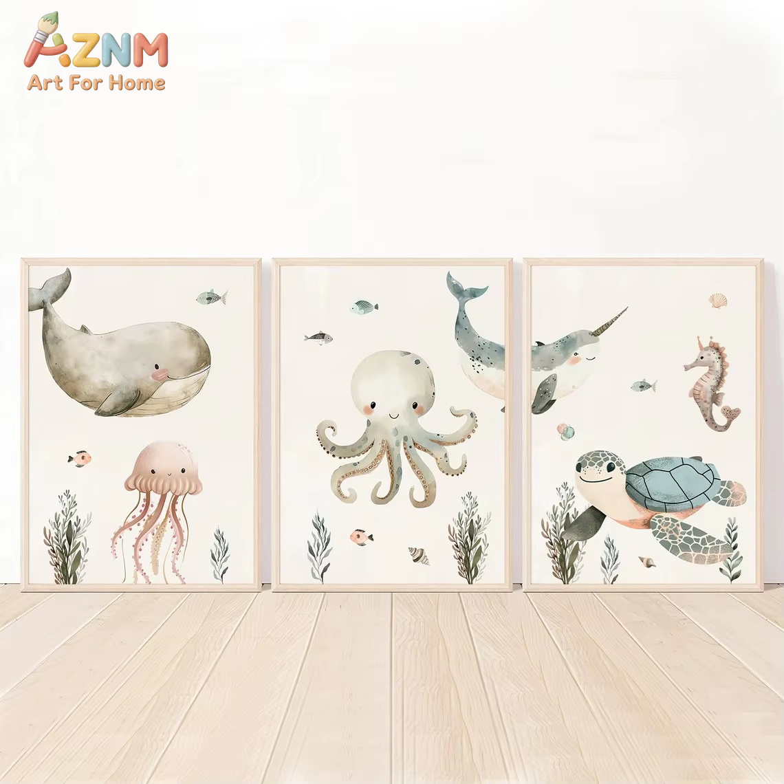 Baby Nursery Ocean - AZNM Watercolor Cute Ocean Animal Canvas
