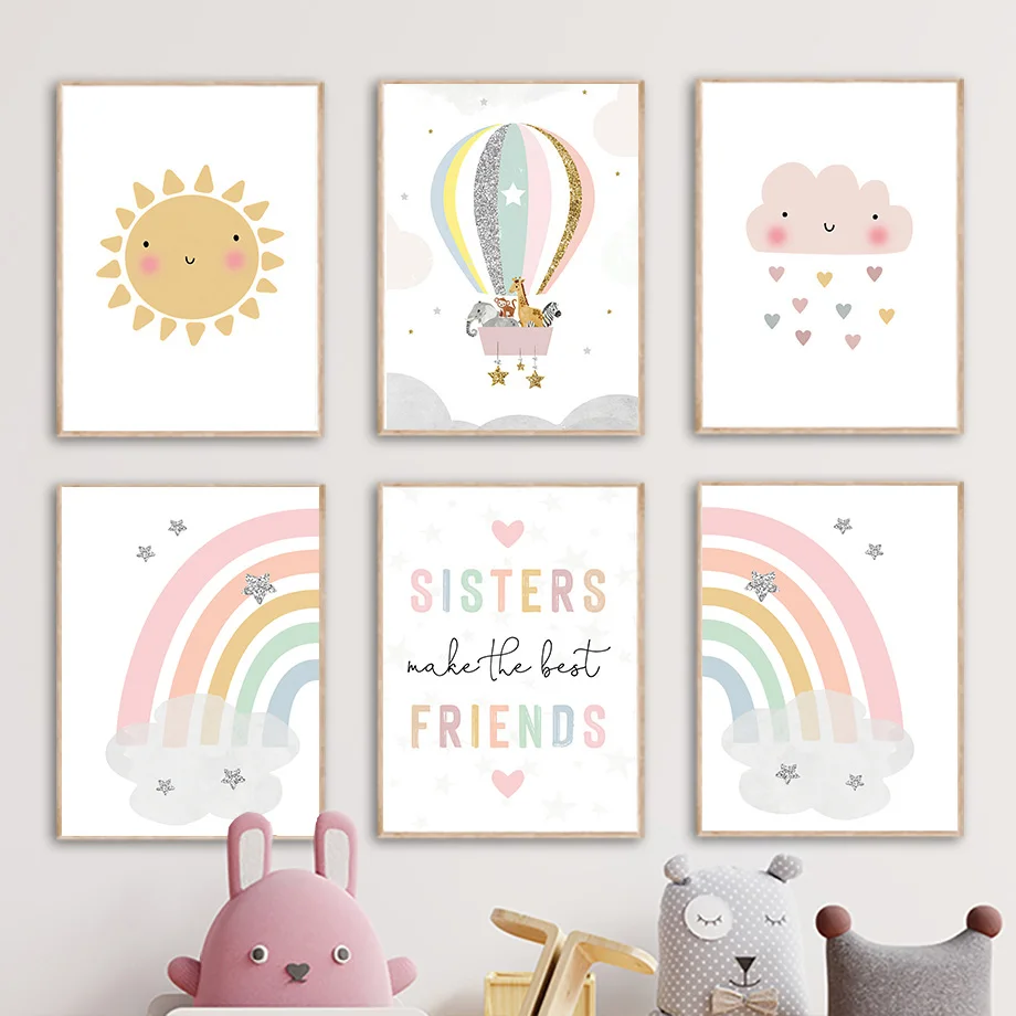 Baby Nursery Wall Decor - Giraffe Elephant Hot Balloon Sun Rainbow