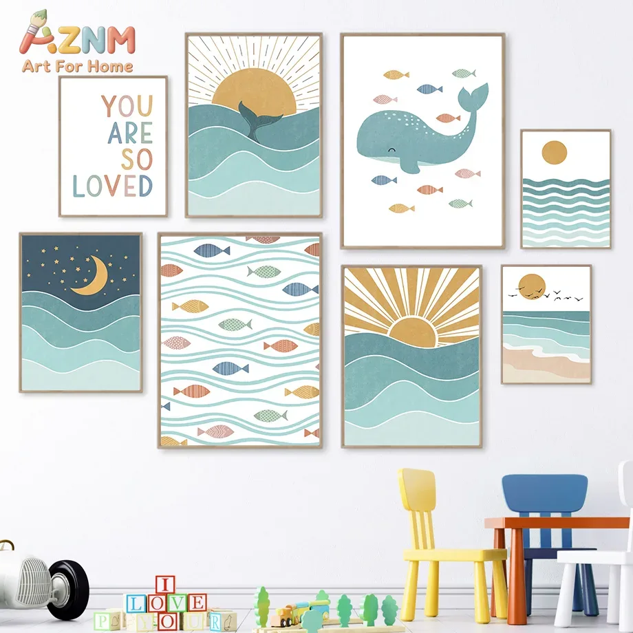 Baby Nursery Ocean - AZNM Boho Ocean Canvas Wall Art