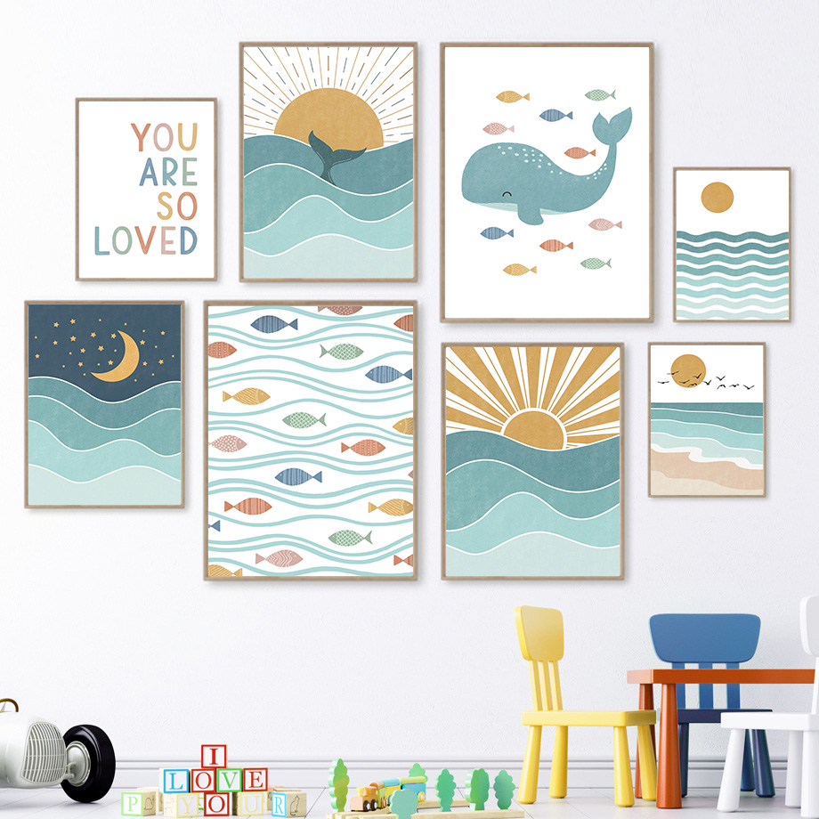 Baby Nursery Ocean - (2D canvas painting) Fish Whale Seagull