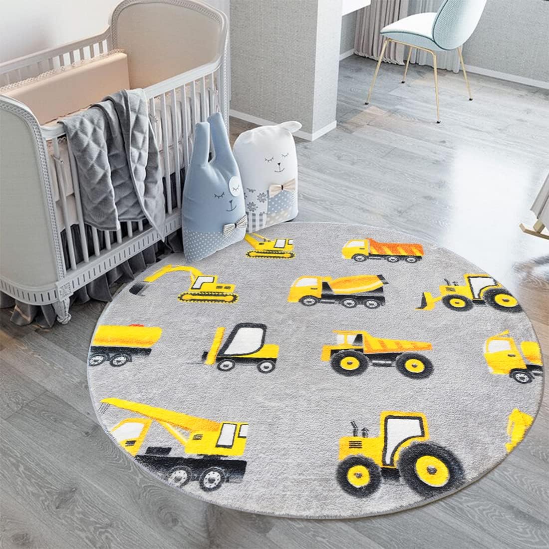 Baby Nursery Yellow - Gray Construction Vehicle Round Rug Yellow