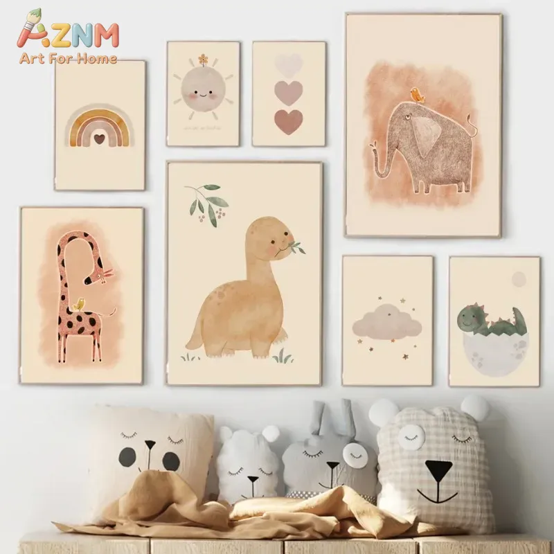 Baby Nursery Neutral - AZNM Neutral Watercolor Dinosaur Canvas Wall