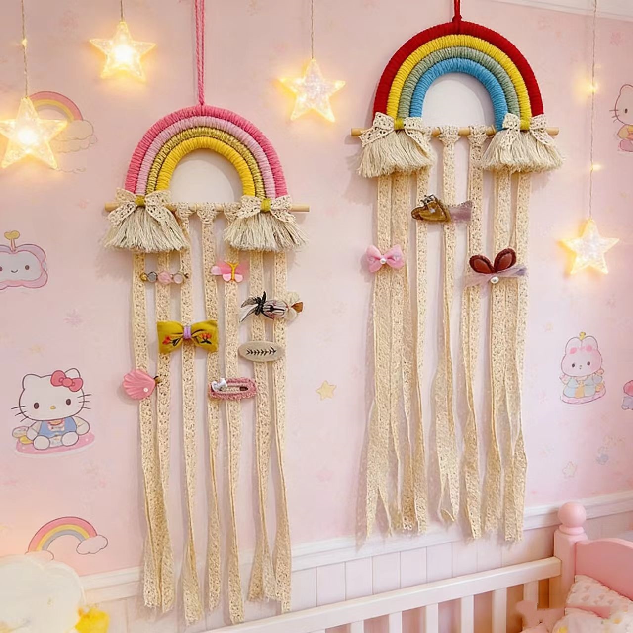 Baby Nursery Hanging Decor - Rainbow Macrame Hair Bows Holder Wall