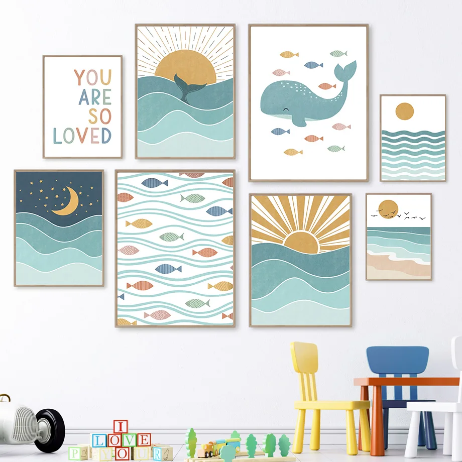 Baby Nursery Ocean - 1pc frameless Fish Whale Seagull Sunrise