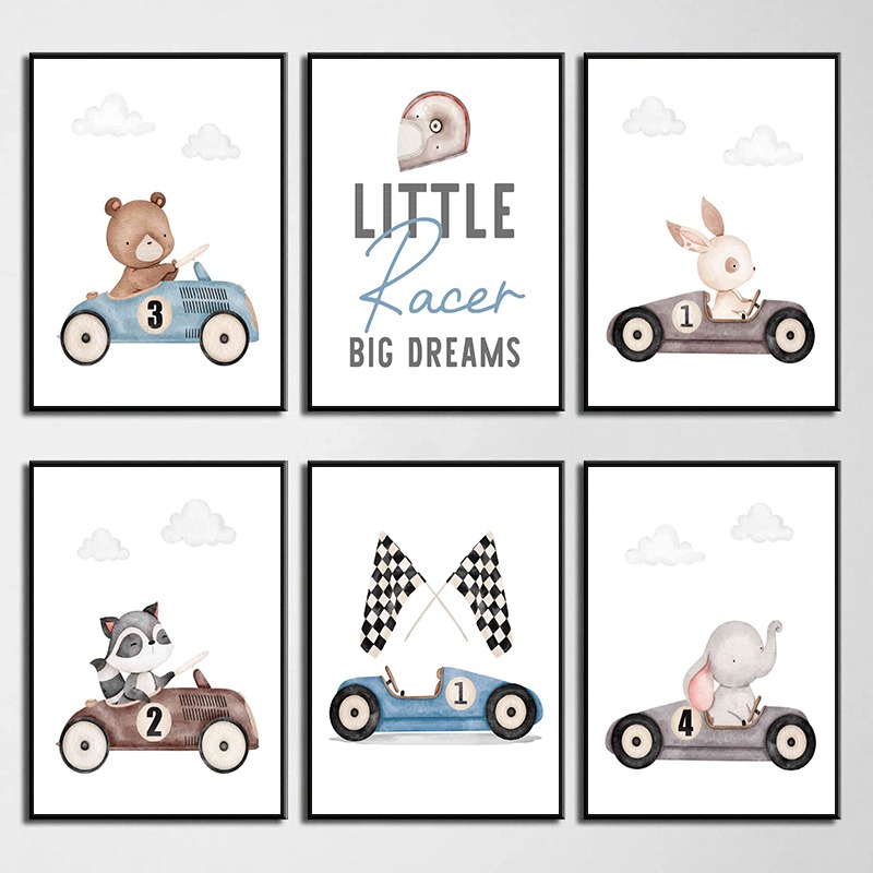Baby Nursery Vintage - Vintage Racing Cars Animals Rabbit Bear