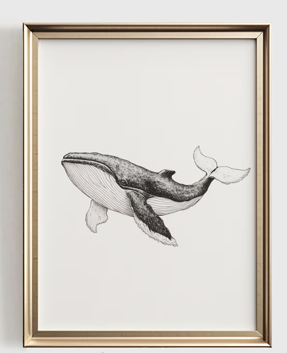 Baby Nursery Ocean - Whale Line Art Print, Minimalist Ocean