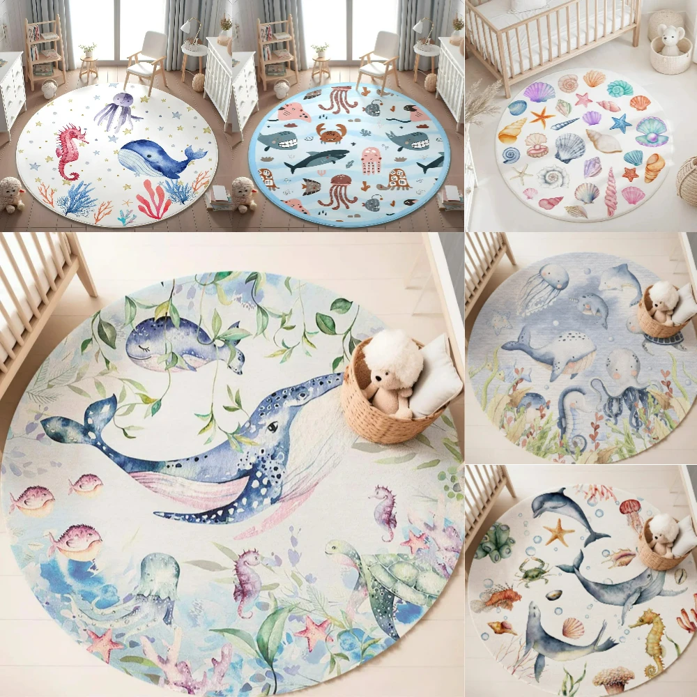 Baby Nursery Carpet - Blue Marine animal Round Carpet for