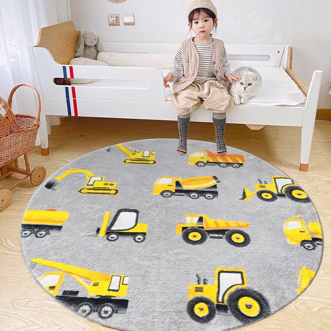 Gray Construction Vehicle Roun - Baby Nursery Yellow review and price